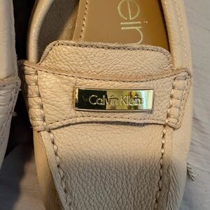 Calvin Klein Beige Leather Slip-On Loafers with Gold Plaque